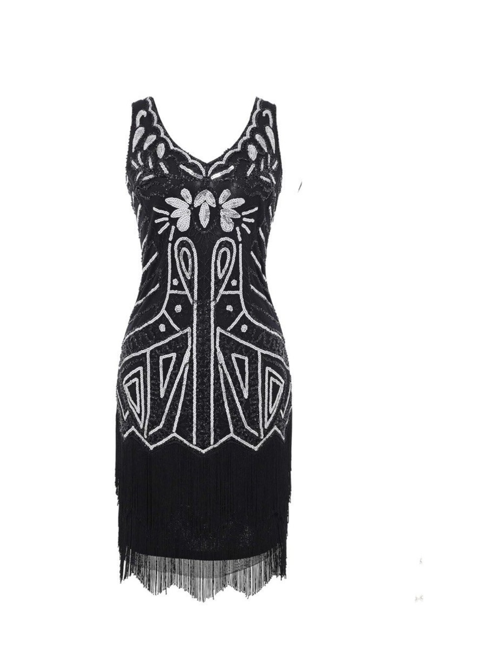 Black Beaded Fringe Mini Dress with White Motif